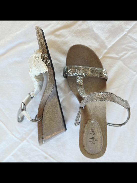 Style & Co. Shoes - Style & Co. Silver T-Strap Wedge Sandals 7.5 NWT